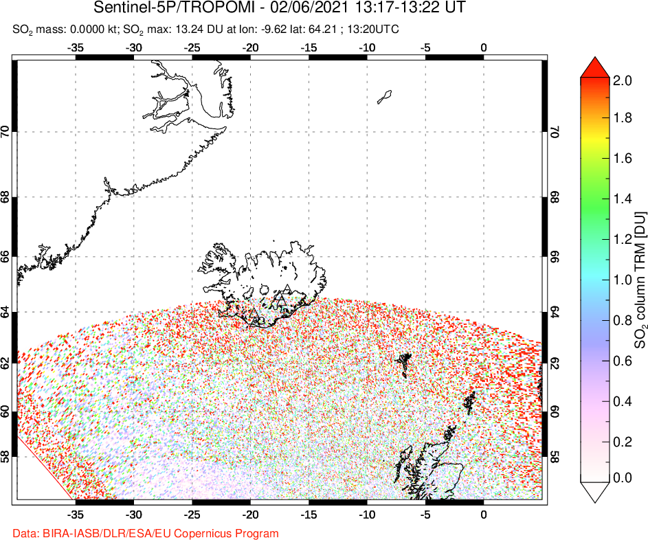 A sulfur dioxide image over Iceland on Feb 06, 2021.