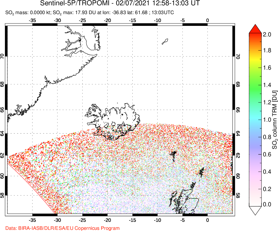 A sulfur dioxide image over Iceland on Feb 07, 2021.