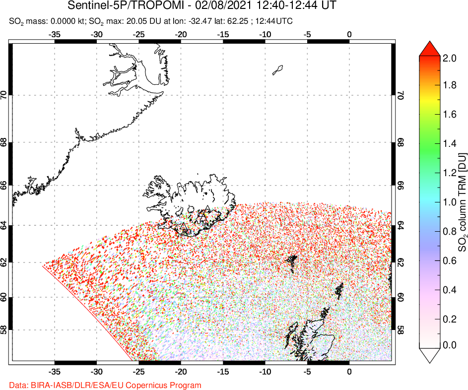 A sulfur dioxide image over Iceland on Feb 08, 2021.