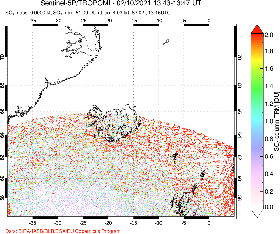 A sulfur dioxide image over Iceland on Feb 10, 2021.
