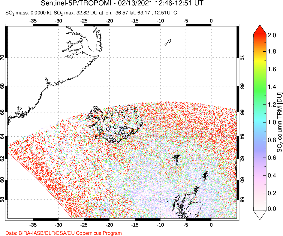 A sulfur dioxide image over Iceland on Feb 13, 2021.