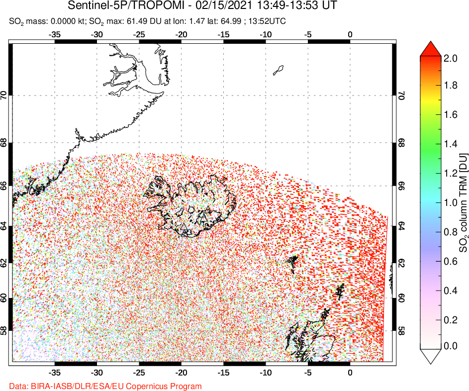 A sulfur dioxide image over Iceland on Feb 15, 2021.