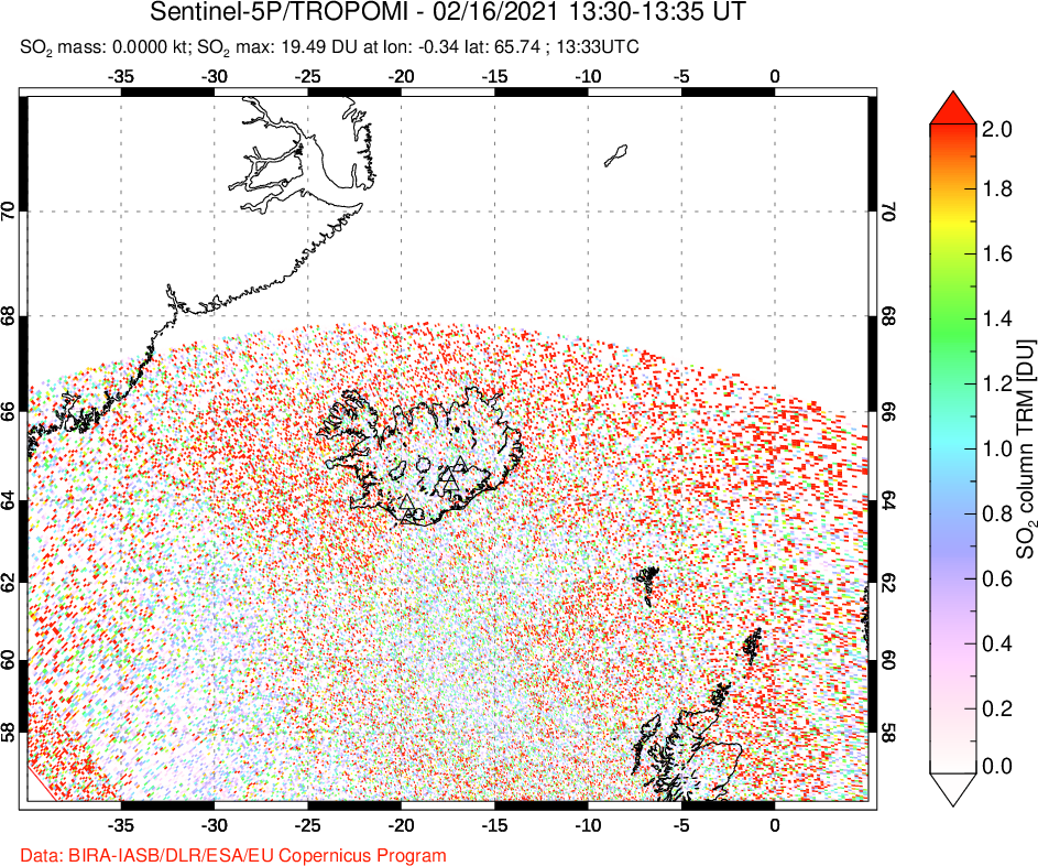 A sulfur dioxide image over Iceland on Feb 16, 2021.