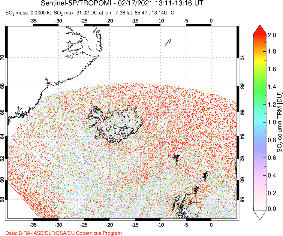 A sulfur dioxide image over Iceland on Feb 17, 2021.