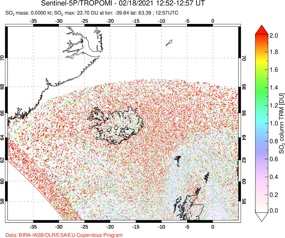 A sulfur dioxide image over Iceland on Feb 18, 2021.