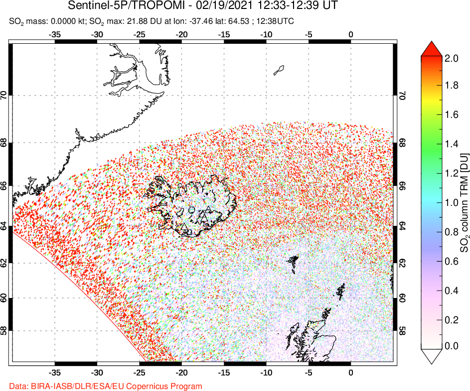 A sulfur dioxide image over Iceland on Feb 19, 2021.