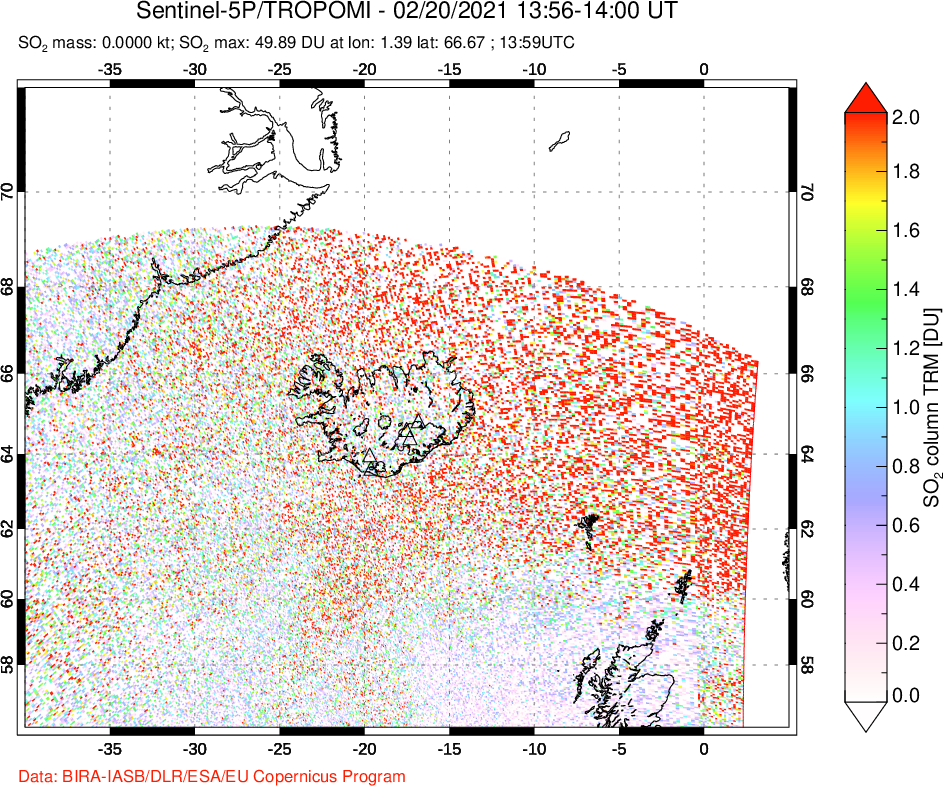 A sulfur dioxide image over Iceland on Feb 20, 2021.
