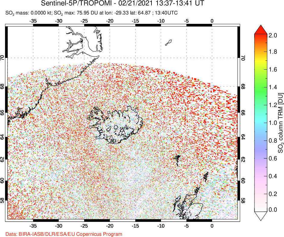 A sulfur dioxide image over Iceland on Feb 21, 2021.