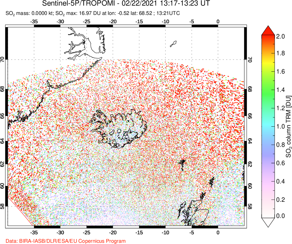 A sulfur dioxide image over Iceland on Feb 22, 2021.