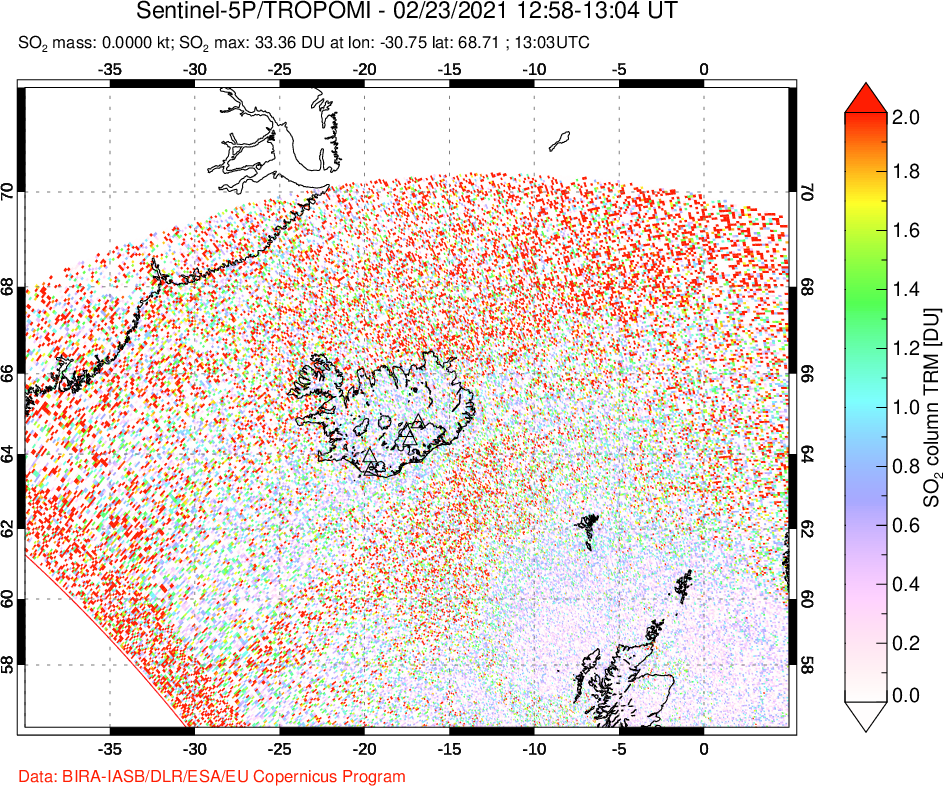 A sulfur dioxide image over Iceland on Feb 23, 2021.