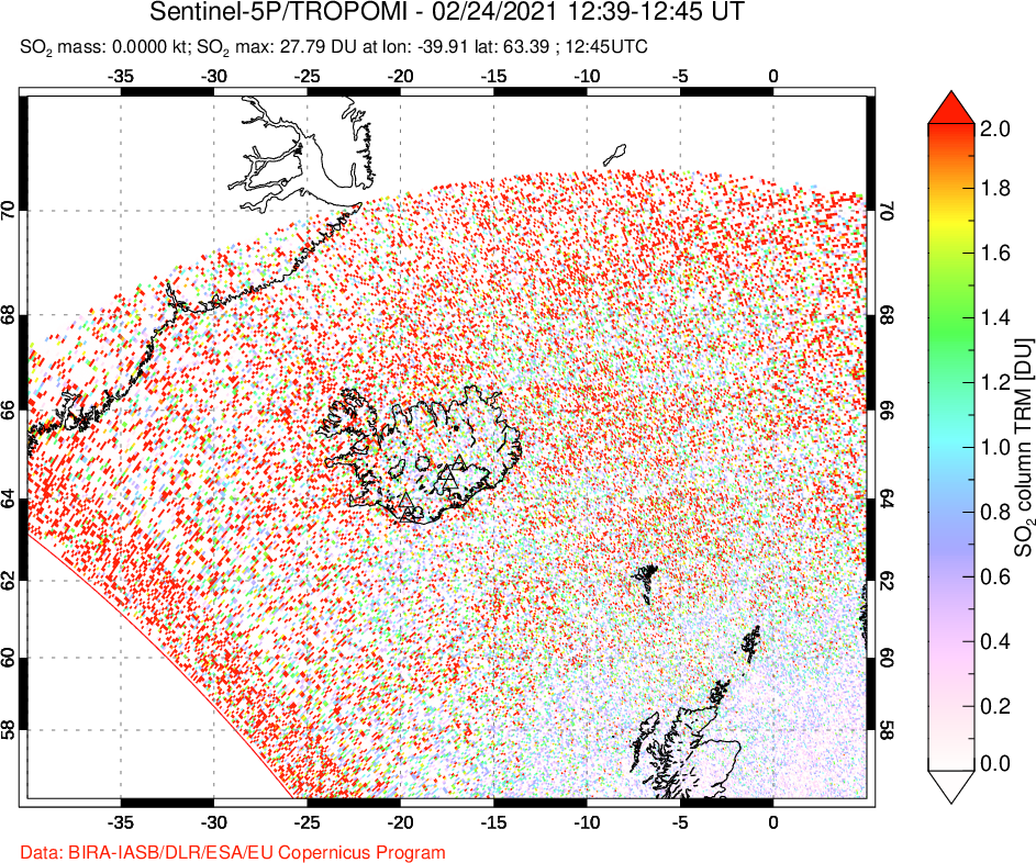 A sulfur dioxide image over Iceland on Feb 24, 2021.