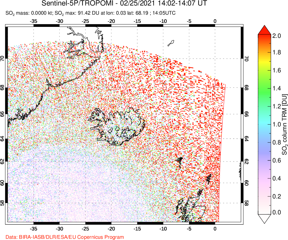 A sulfur dioxide image over Iceland on Feb 25, 2021.