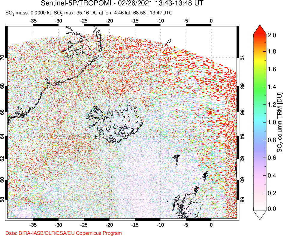 A sulfur dioxide image over Iceland on Feb 26, 2021.