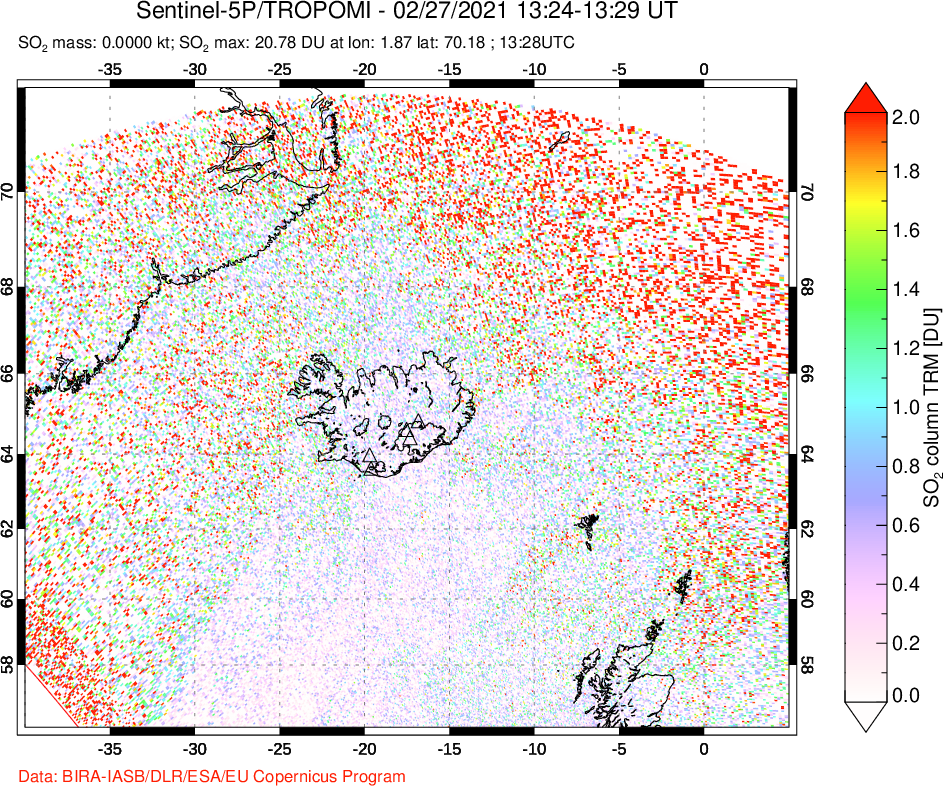 A sulfur dioxide image over Iceland on Feb 27, 2021.