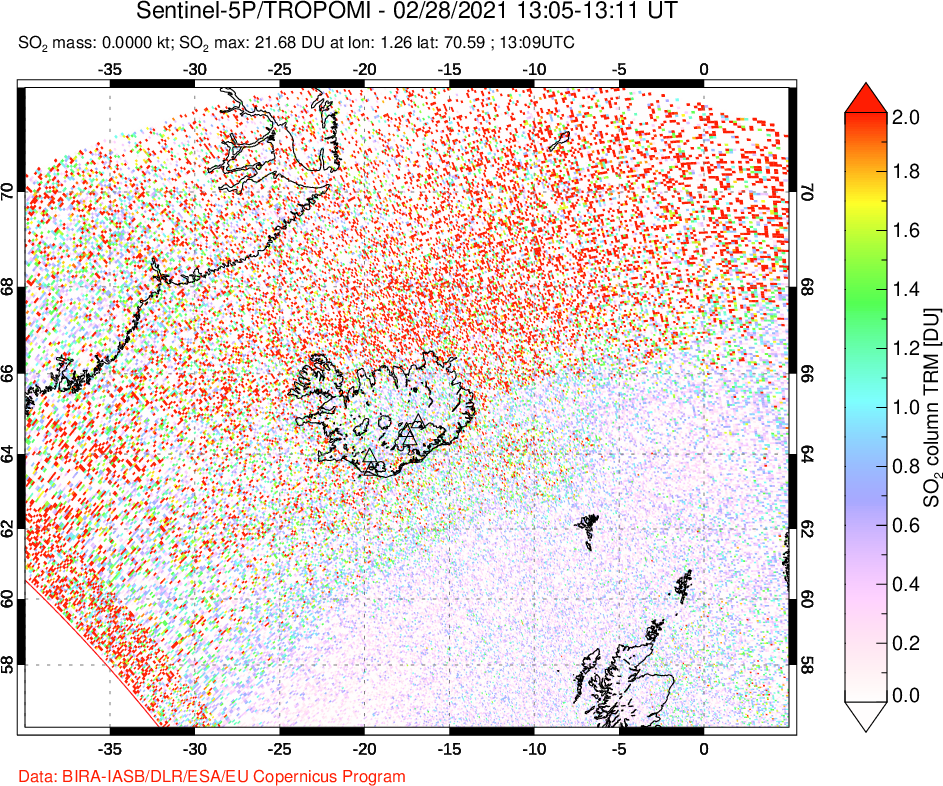 A sulfur dioxide image over Iceland on Feb 28, 2021.
