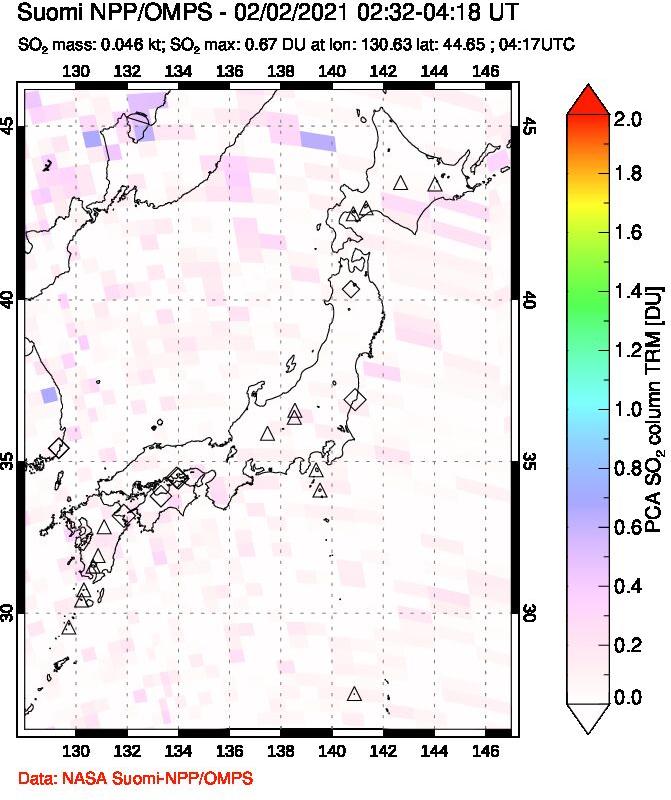 A sulfur dioxide image over Japan on Feb 02, 2021.