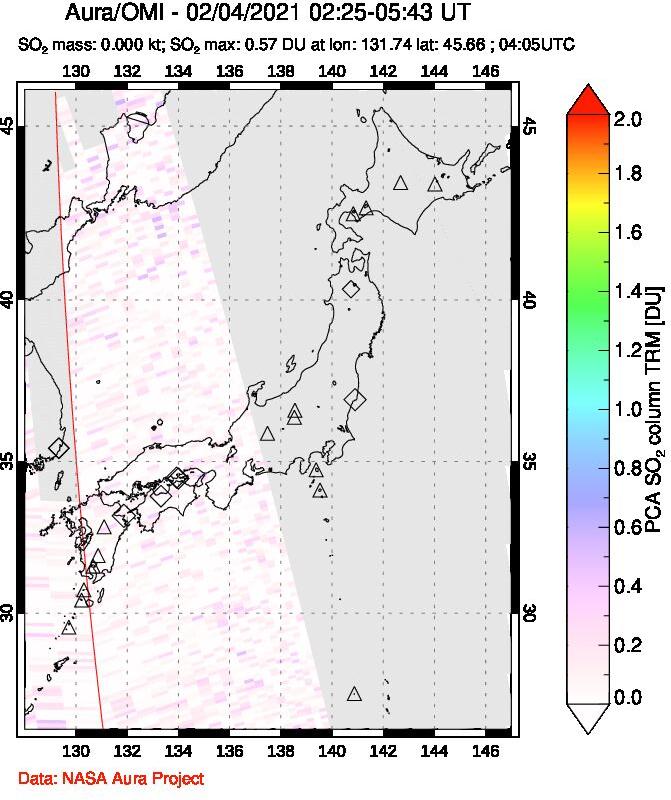 A sulfur dioxide image over Japan on Feb 04, 2021.
