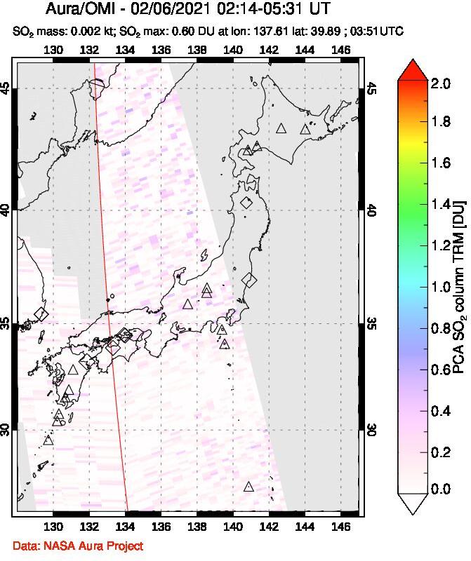 A sulfur dioxide image over Japan on Feb 06, 2021.