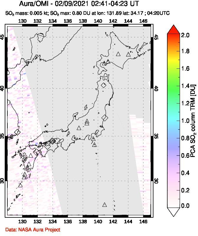 A sulfur dioxide image over Japan on Feb 09, 2021.