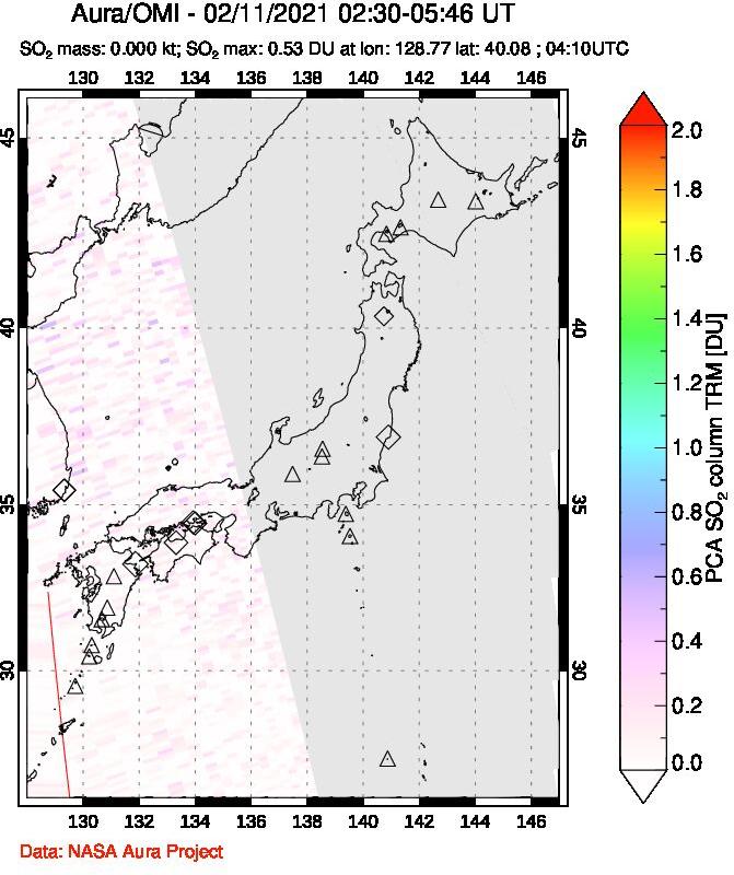 A sulfur dioxide image over Japan on Feb 11, 2021.
