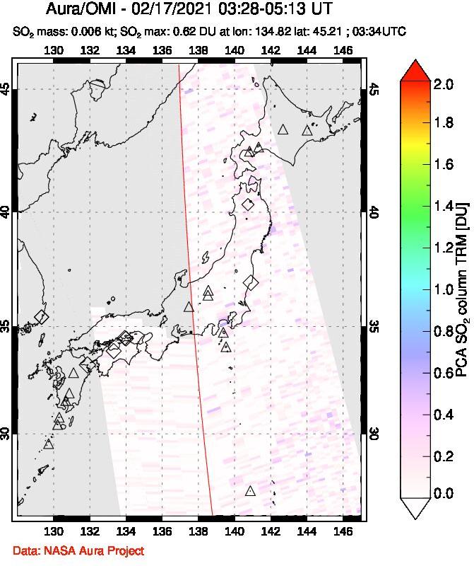 A sulfur dioxide image over Japan on Feb 17, 2021.