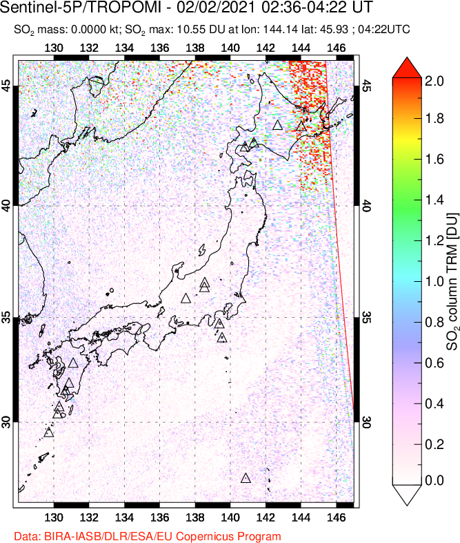A sulfur dioxide image over Japan on Feb 02, 2021.