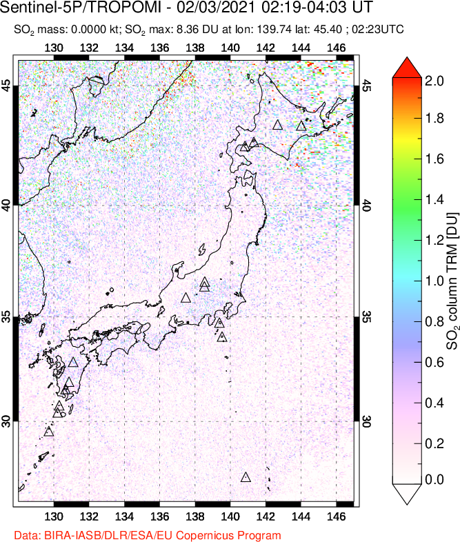 A sulfur dioxide image over Japan on Feb 03, 2021.