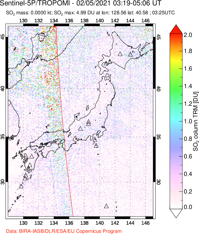 A sulfur dioxide image over Japan on Feb 05, 2021.