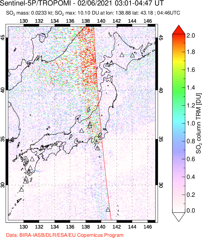 A sulfur dioxide image over Japan on Feb 06, 2021.