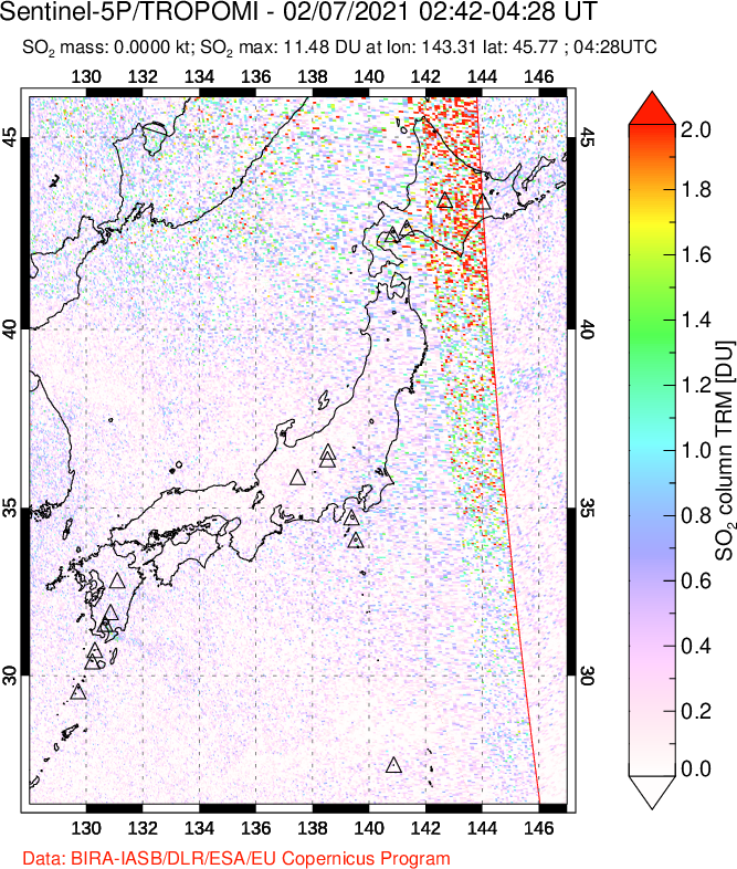 A sulfur dioxide image over Japan on Feb 07, 2021.