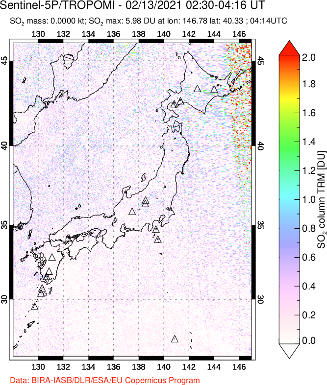 A sulfur dioxide image over Japan on Feb 13, 2021.