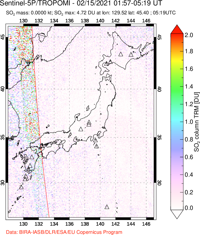A sulfur dioxide image over Japan on Feb 15, 2021.