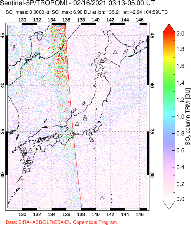 A sulfur dioxide image over Japan on Feb 16, 2021.