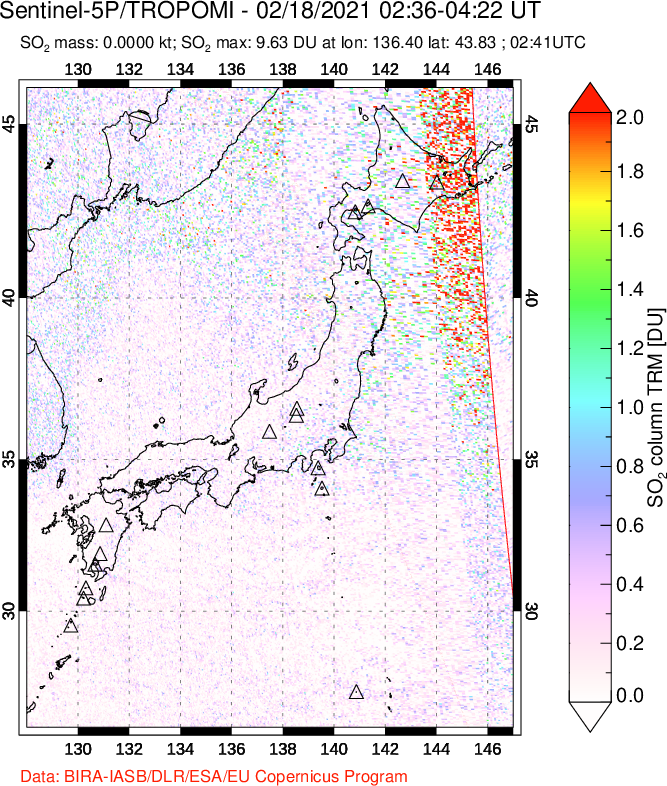 A sulfur dioxide image over Japan on Feb 18, 2021.