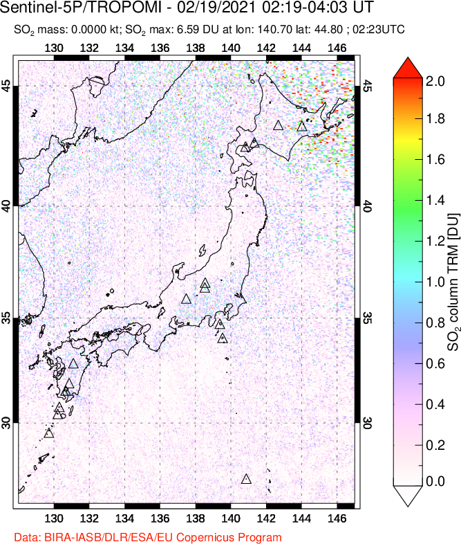 A sulfur dioxide image over Japan on Feb 19, 2021.