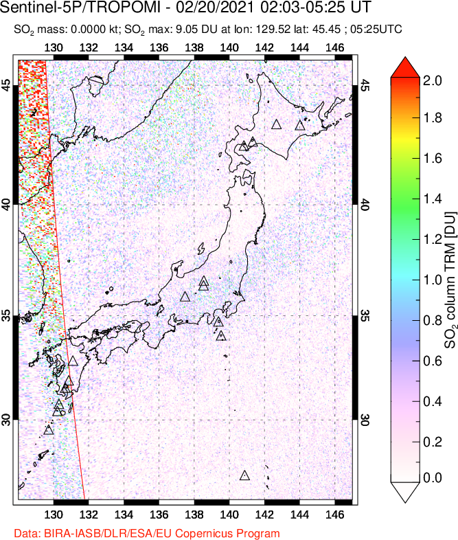 A sulfur dioxide image over Japan on Feb 20, 2021.