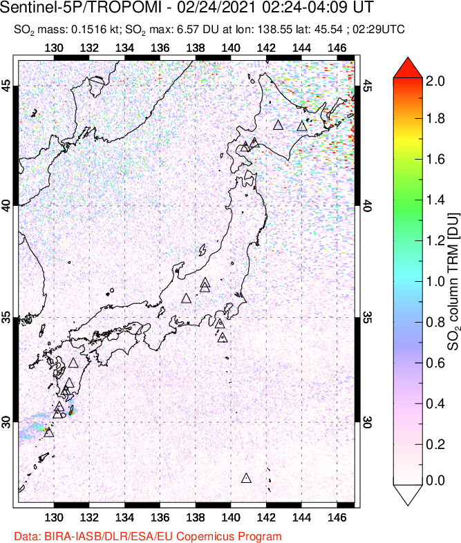 A sulfur dioxide image over Japan on Feb 24, 2021.