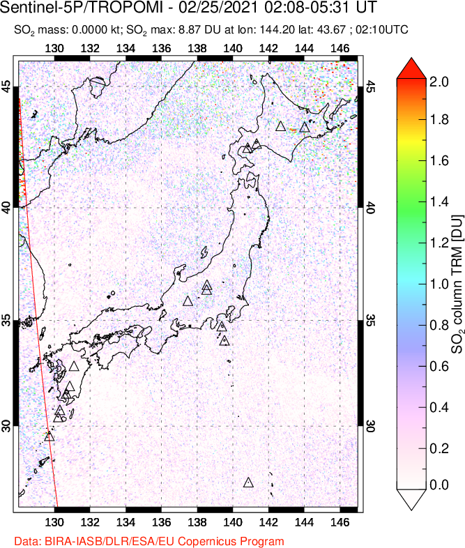 A sulfur dioxide image over Japan on Feb 25, 2021.