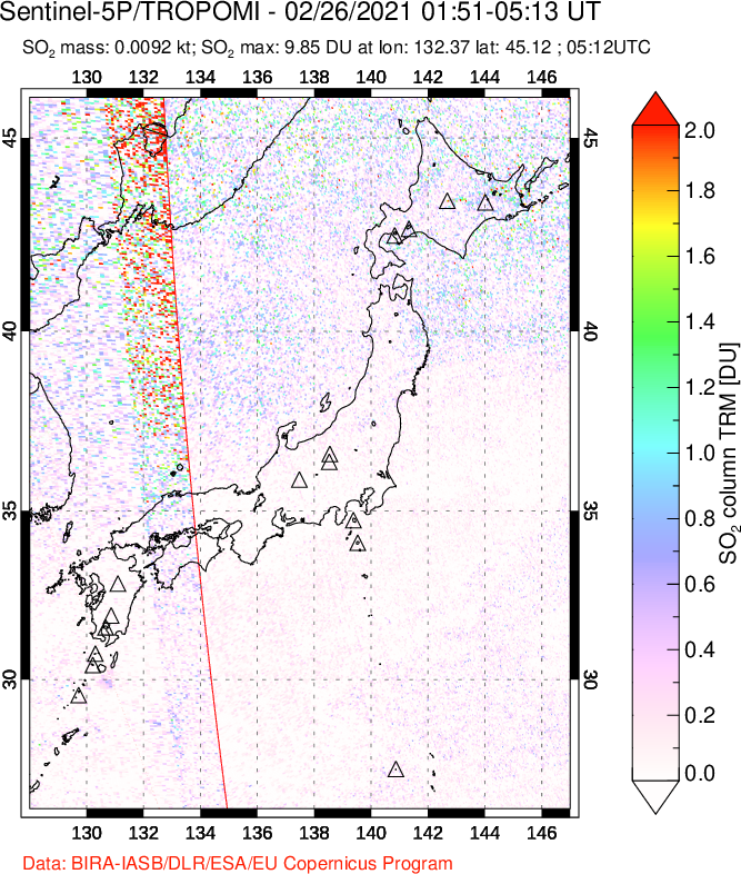 A sulfur dioxide image over Japan on Feb 26, 2021.