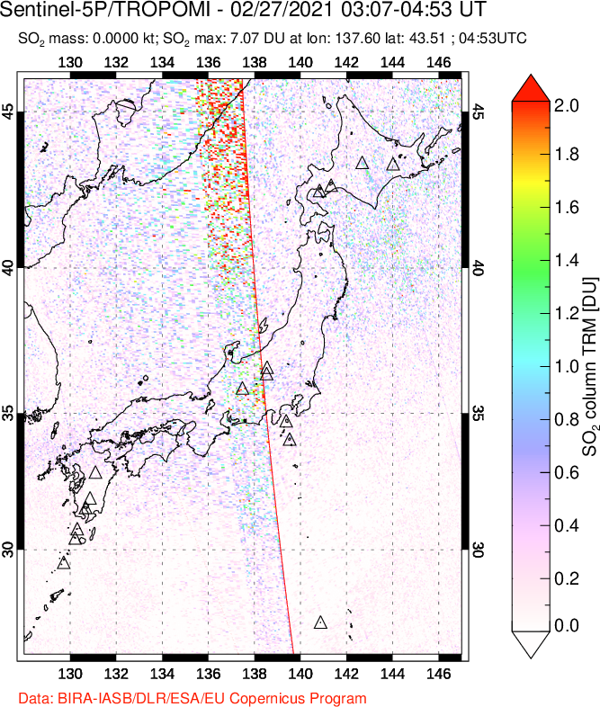 A sulfur dioxide image over Japan on Feb 27, 2021.