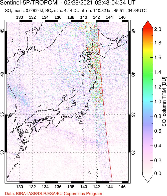 A sulfur dioxide image over Japan on Feb 28, 2021.