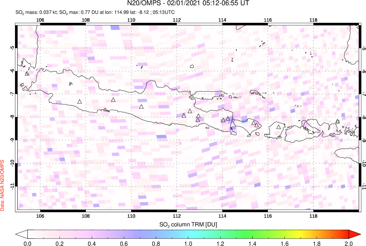 A sulfur dioxide image over Java, Indonesia on Feb 01, 2021.