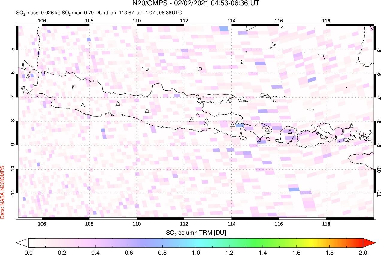 A sulfur dioxide image over Java, Indonesia on Feb 02, 2021.
