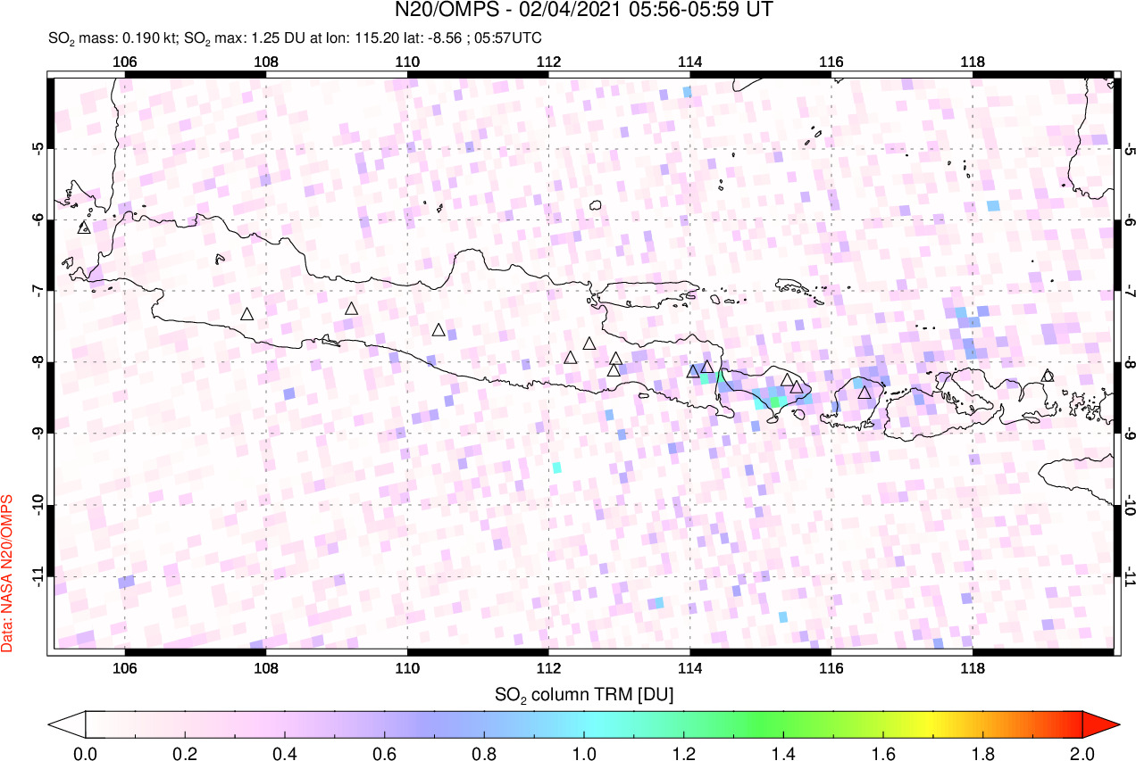 A sulfur dioxide image over Java, Indonesia on Feb 04, 2021.