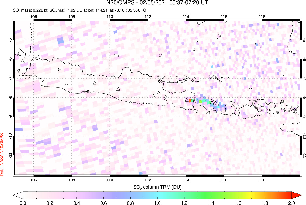 A sulfur dioxide image over Java, Indonesia on Feb 05, 2021.
