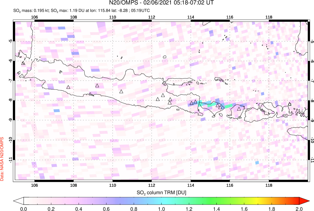 A sulfur dioxide image over Java, Indonesia on Feb 06, 2021.