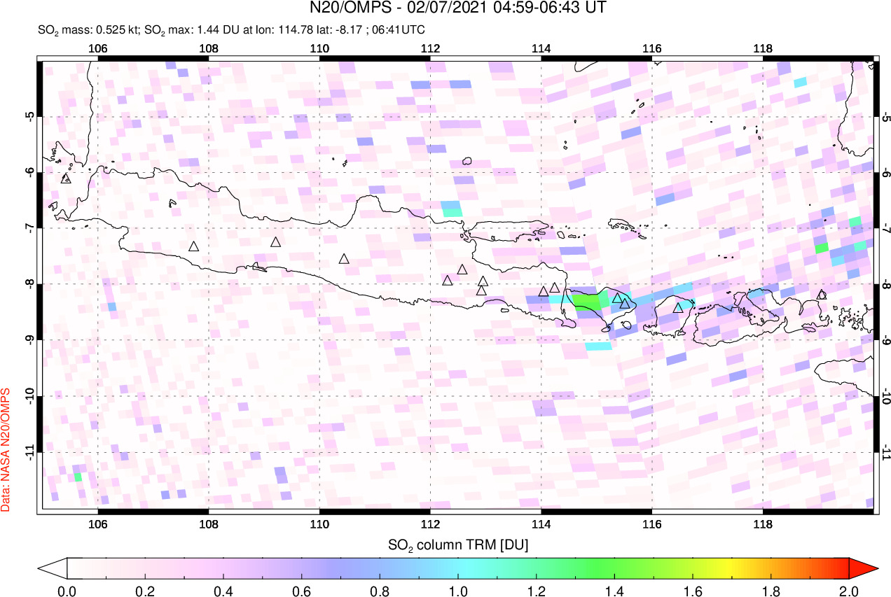 A sulfur dioxide image over Java, Indonesia on Feb 07, 2021.