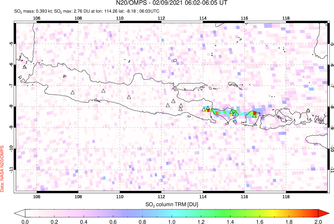 A sulfur dioxide image over Java, Indonesia on Feb 09, 2021.