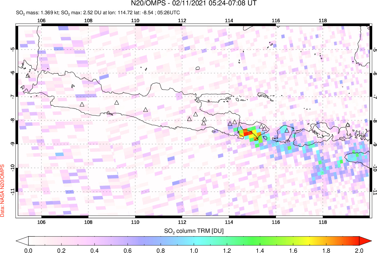 A sulfur dioxide image over Java, Indonesia on Feb 11, 2021.