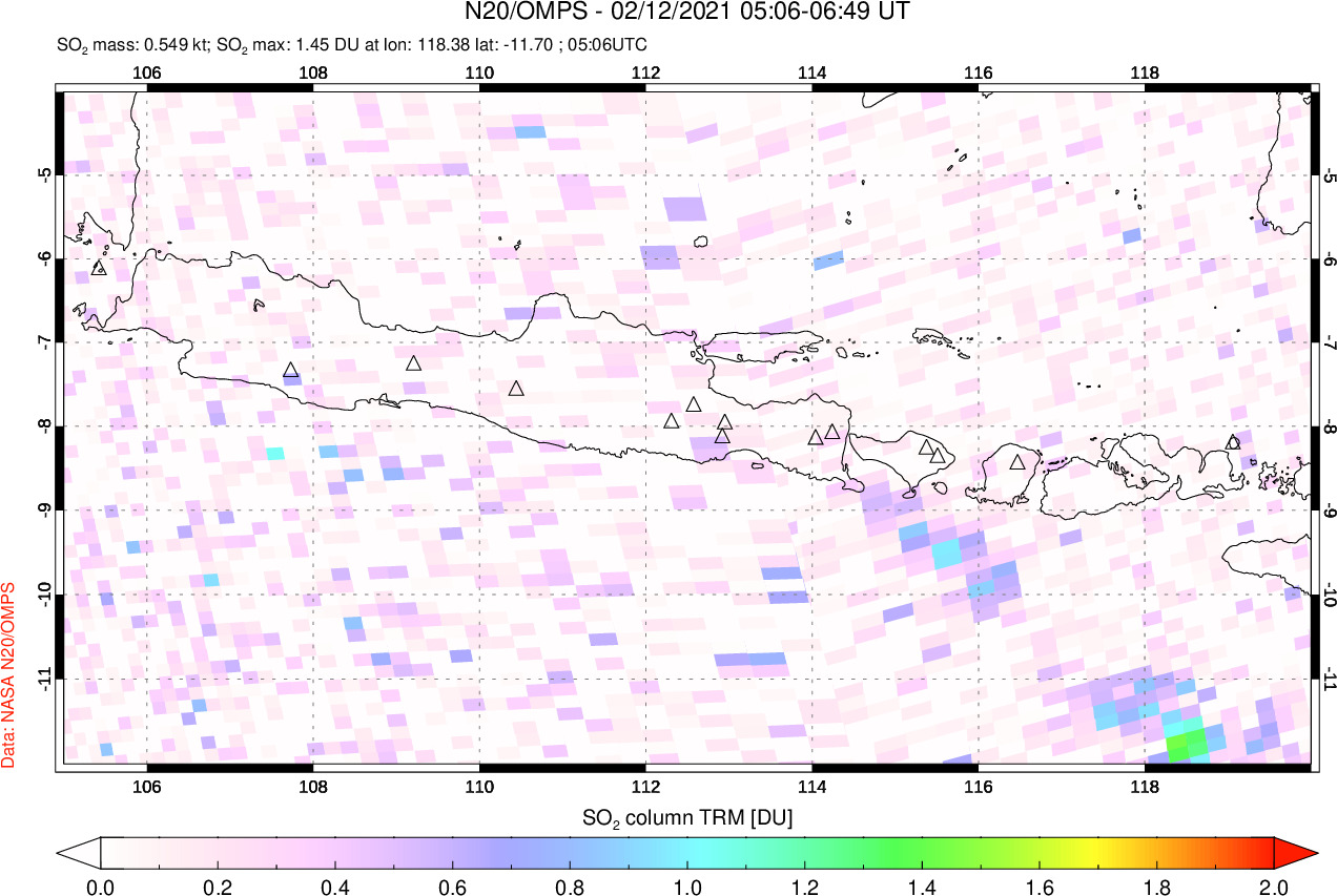 A sulfur dioxide image over Java, Indonesia on Feb 12, 2021.